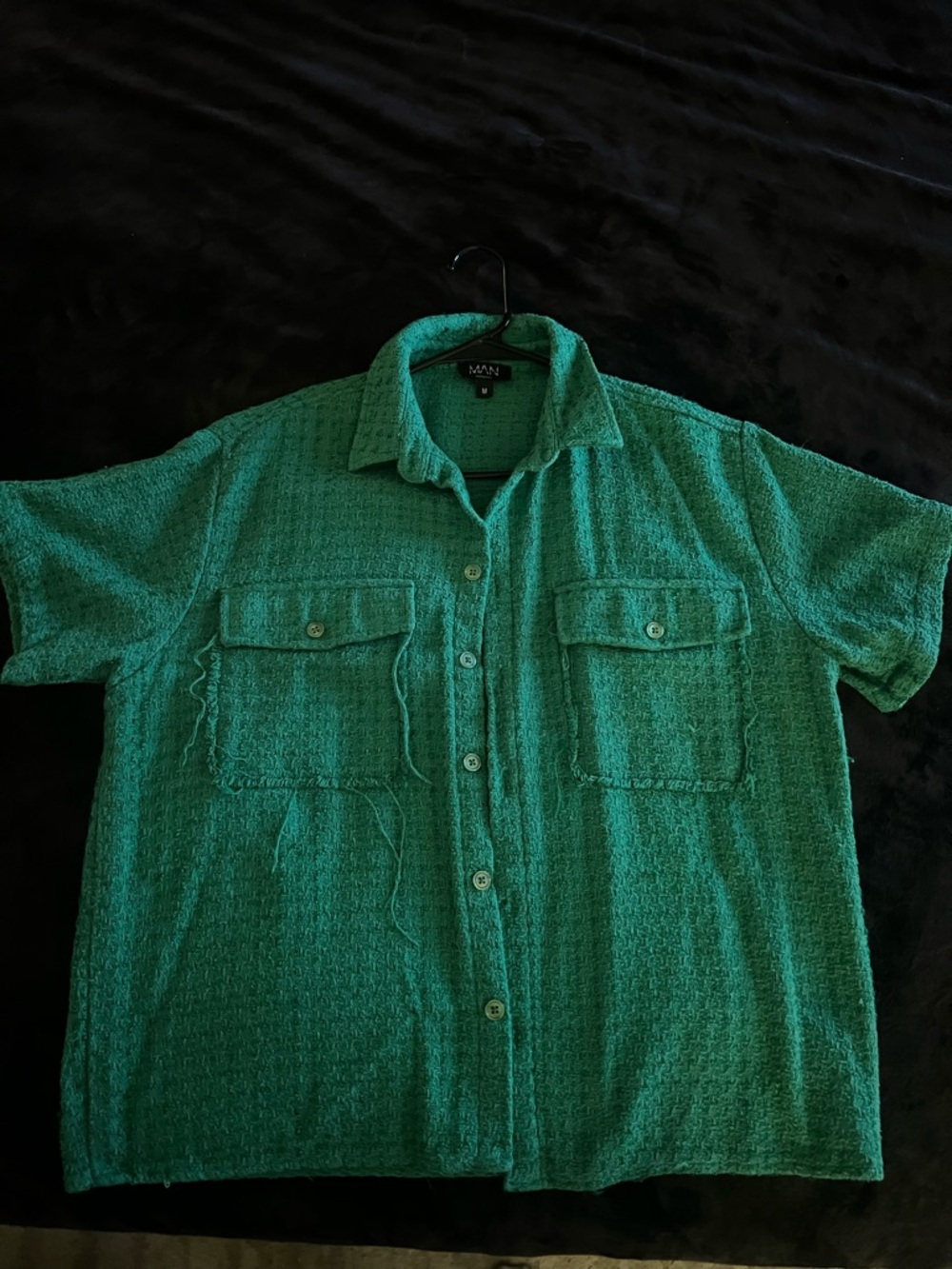 Men's Green Textured Short-Sleeve Button-Up Shirt